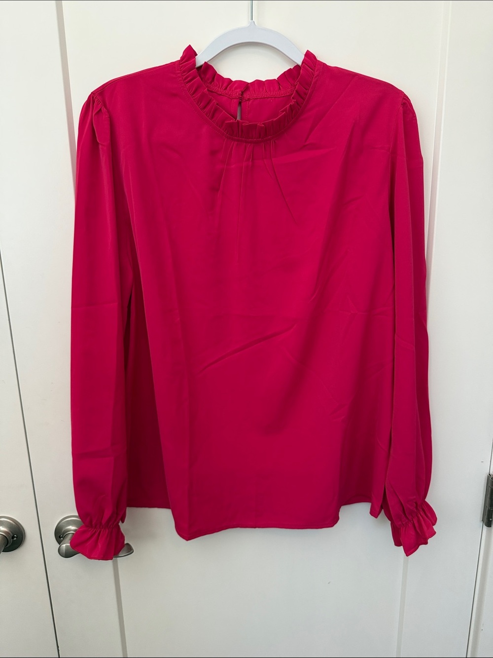 Ruffled Mock-Neck Long-Sleeve Blouse - Pink